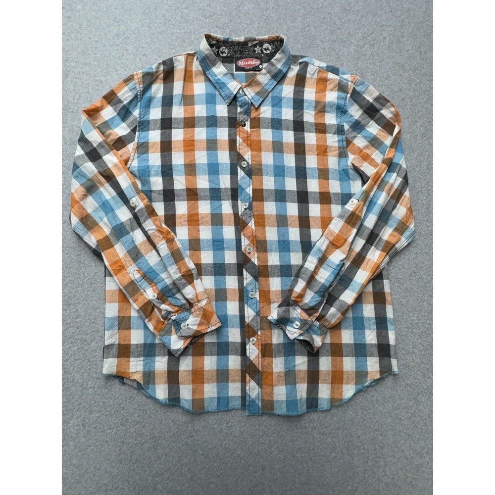 Mambo Shirt Mens Extra‎ Large Blue Orange Checkered Lightweight Casual Outdoors